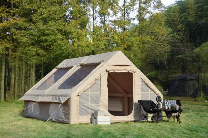 9.8 x13ft Inflatable Camping Tents with Hand Pump, Air Glamping Tents, Easy Setup Waterproof and Windproof Blow up Tent (Color: Beige)